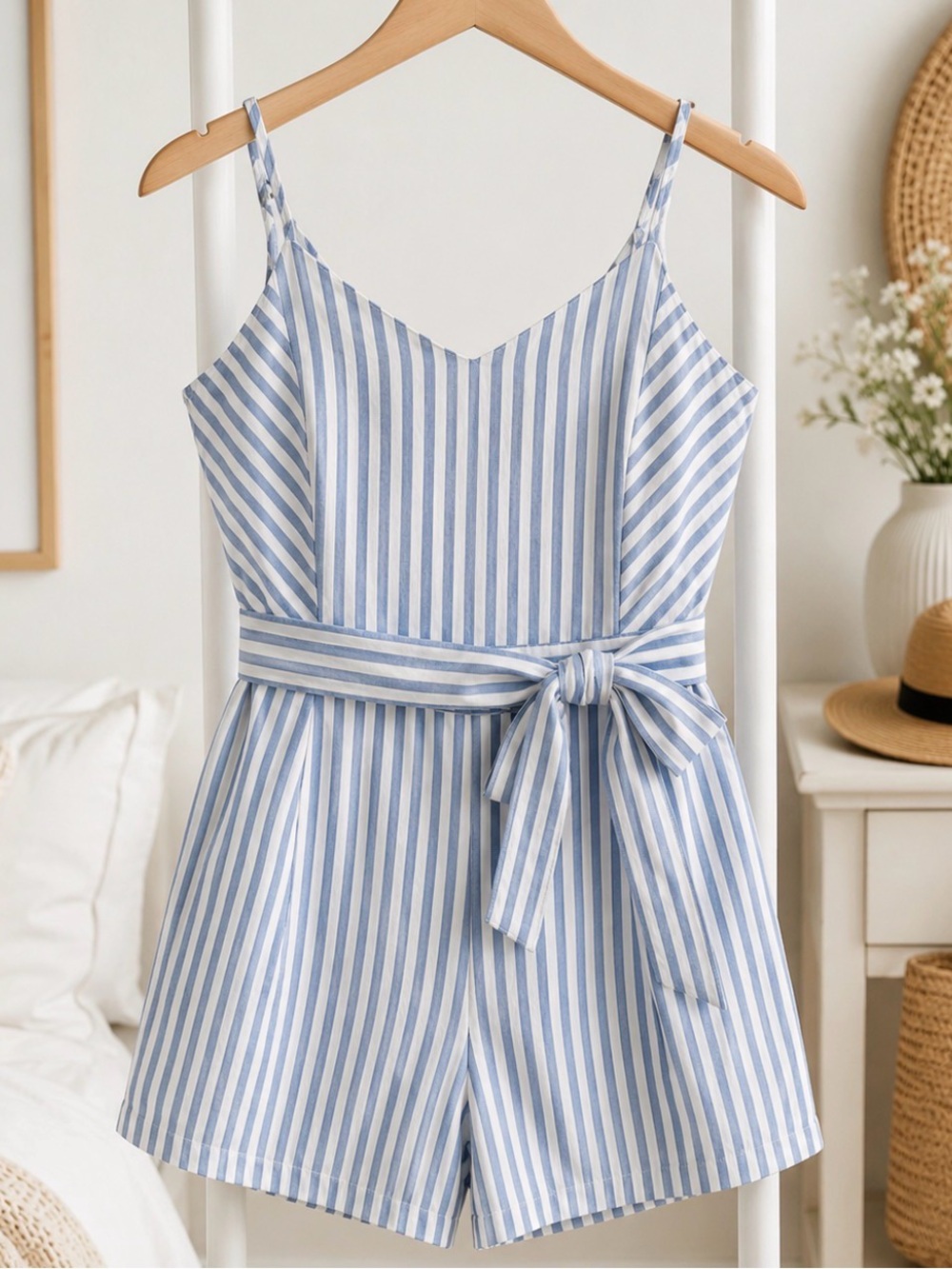 SUGAR + LIPS Women's Size M Lynsea Blue Stripe‎ Shorts Romper Adjustable Straps